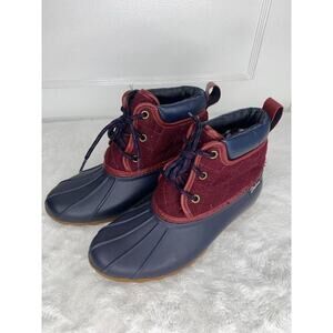Skechers Womens Duck Boots Quilted Burgundy & Navy Waterproof Rubber Size 7